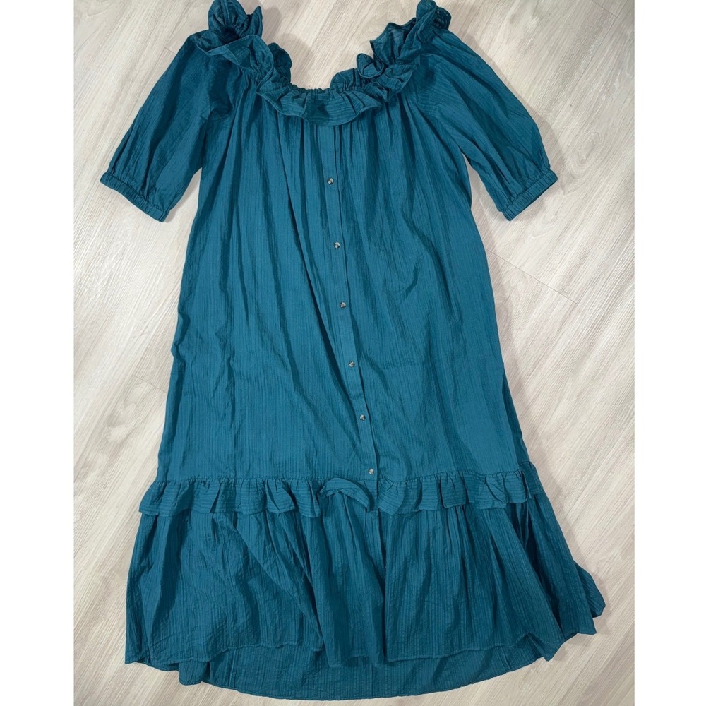 Anthropologie Teal Blue Ruffle Off Shoulder Cotton Gauze Midi Dress Large Boho - Picture 6 of 13
